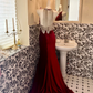 Burgundy Halter Waist-Cinched Slim Fit Mermaid Sexy Long Romantic Dress, Wedding Gown gh7619