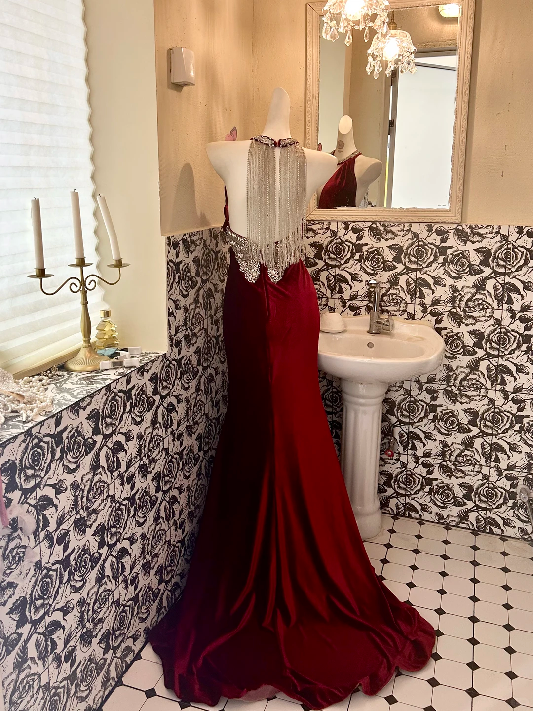 Burgundy Halter Waist-Cinched Slim Fit Mermaid Sexy Long Romantic Dress, Wedding Gown gh7619