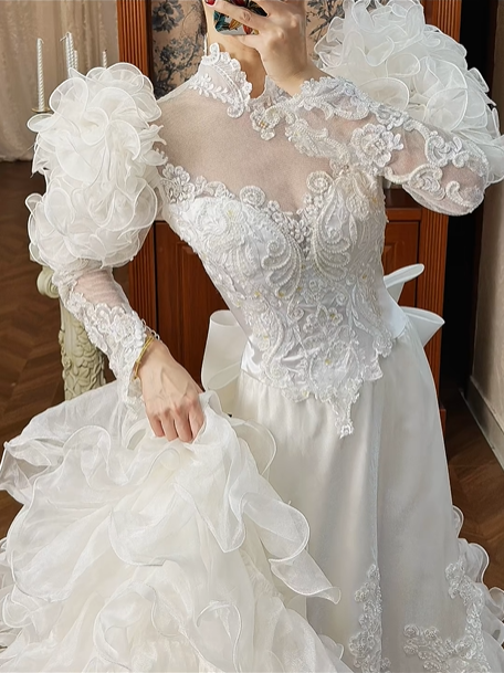 White Vintage Mermaid Wedding Gown, Mock Neck Illusion Tulle Sweetheart Neck, 3D Ruffle Puff Shoulders, Sheer Lace Long Sleeves, Embroidered Lace Appliqués Fitted Bodice, Multi‑Layer Ruffle Mermaid Long Train, Prom Dress gh8661