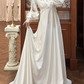 Ivory Vintage Empire Waist Wedding Gown, V‑Neck Lace Trim Neckline, Lace Mixed Puff Long Sleeves, Lace Appliqués Empire Bodice, Flowing A‑Line Long Skirt, Prom & Wedding Dress gh8688