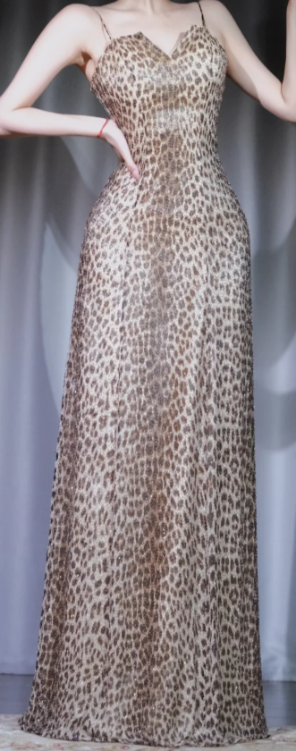 ✨Girlhomeshops-Leopard Print Spaghetti Strap Prom Dress Sparkly Sequin Long Evening Gown gh9968