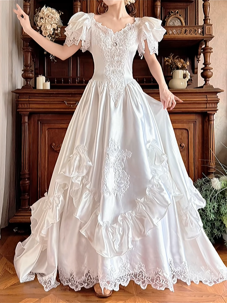 White Satin Vintage V‑Neck Ruffle Puff Short Sleeve Lace Applique Fitted Waist Tiered Ruffle Skirt Prom Gown, Wedding Dress gh8610
