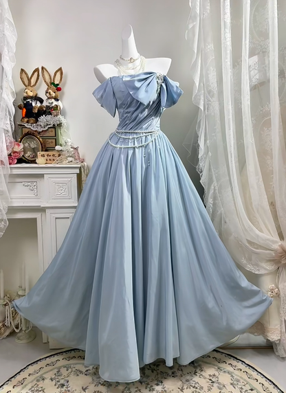 Dusty Blue Satin Off Shoulder Long Evening Gown, Puff Sleeve With Big Bow A-Line Prom Dress gh9282