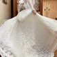 Off‑White Vintage Lace Illusion High‑Neck Off‑the‑Shoulder Ruffle Long Sleeve Fitted Waist Full Lace Train Long Prom Gown, Wedding Dress gh8612