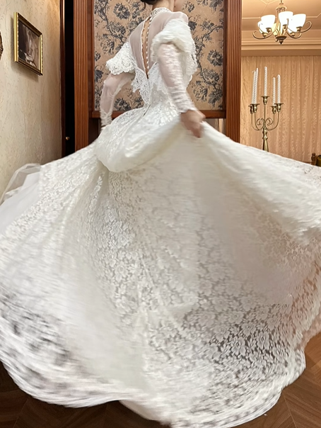 Off‑White Vintage Lace Illusion High‑Neck Off‑the‑Shoulder Ruffle Long Sleeve Fitted Waist Full Lace Train Long Prom Gown, Wedding Dress gh8612