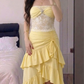Pale Yellow Strapless Waist-Cinched Lace Bodycon Irregular Hem Evening Dress, Fairy Gown, Romantic Gown gh7446