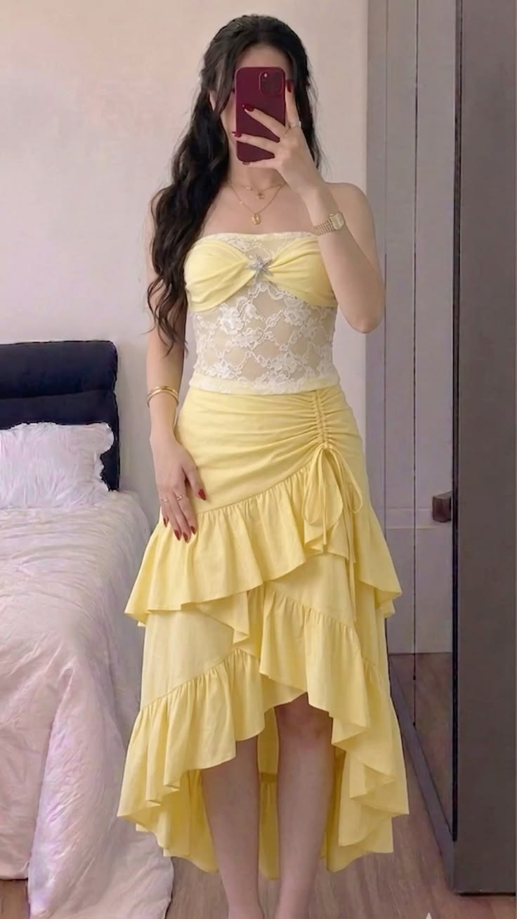 Pale Yellow Strapless Waist-Cinched Lace Bodycon Irregular Hem Evening Dress, Fairy Gown, Romantic Gown gh7446