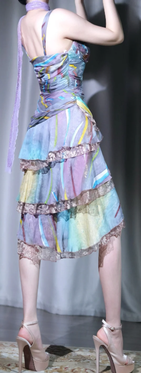 ✨Girlhomeshops-Rainbow Ombre Bow Short Prom Gown, Spaghetti Strap Ruffle Lace Evening Party Dress gh10124