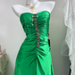 Bright Green Satin Long Evening Gown, Strapless Ruched Bodice With Beading Slit Formal Prom Dress gh9277