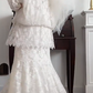 Off‑White Vintage Lace Two‑Piece Wedding Gown, V‑Neck Loose Long‑Sleeve Top, Tiered Scalloped Lace Mermaid Midi Skirt, Retro Straight‑Cut Bridal Prom Dress, Wedding Gown gh8797