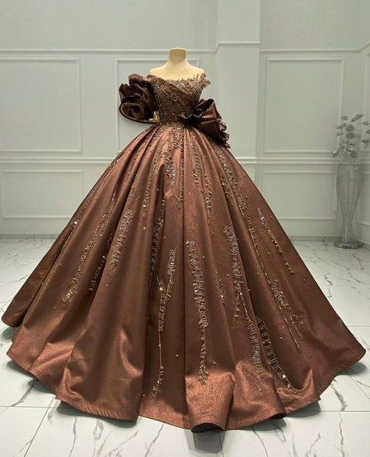 Braun Wunderschöne Exquisite Perlen Elegante Lange satin Ballkleid Abendkleid gh3167