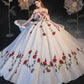 White gorgeous delicate rose applique long A-line tulle ball gown evening gown wedding dress gh3341