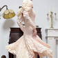Light Apricot Vintage Lace Prom Gown, V‑Neck, Vintage Puff Long Sleeves, All‑Over Lace Fitted Waist, Irregular Ruffled Midi Mermaid Skirt, Vintage Court Evening Prom Dress gh8751
