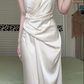 Elegant Ivory Satin Halter Neck Prom Dress V‑Neck Wrap Bodice Twist Draped Waist Irregular Slit Midi Formal Gown Metal Buckle Detail for Engagement Wedding Guest Cocktail Party gh8945