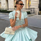 Girlhomeshops-Light blue fashionable V-neck A-line puff sleeve short satin homecoming dress birthday dress gh5289