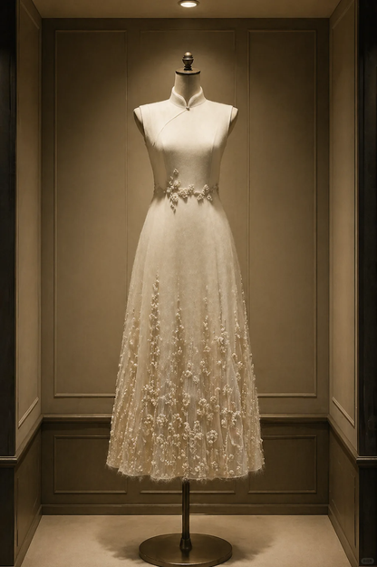 ✨Girlhomeshops-Cream White New Chinese Cheongsam, Sleeveless Sheer Tulle Pearl Floral Embroidery A-Line Midi Dress gh10451