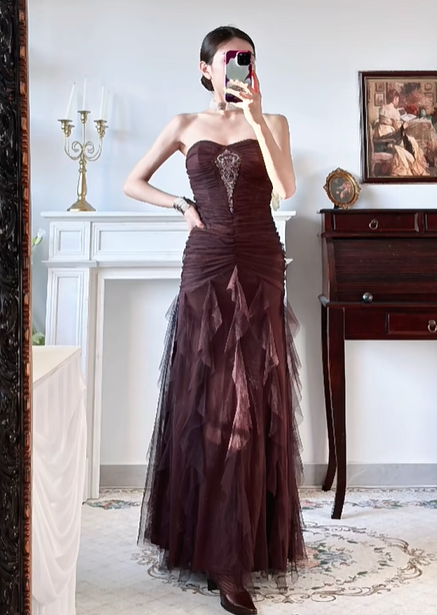 Wine‑Brown Vintage Strapless Sweetheart Prom Gown, Exquisite Rhinestone Applique On Bust, Ruched Tulle Bodice & Waist, Irregular Layered Ruffled Tulle Mermaid Floor‑Length Evening Dress gh8822