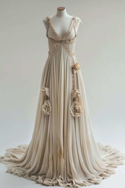 girlhomeshops-Wedding Dress Nude Lace 3D Floral Sleeveless Floor-Length Vintage Gown Gh6338