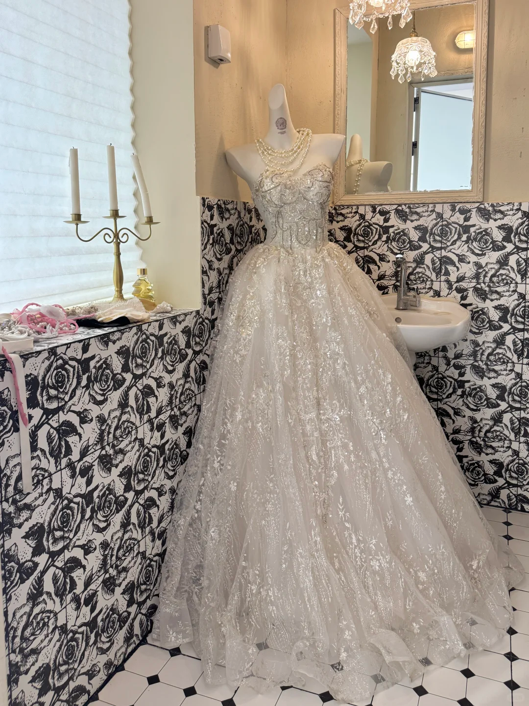 Ivory Sequin Strapless Waist-Cinched Voluminous Full Skirt Romantic Dress, Wedding Gown gh7697