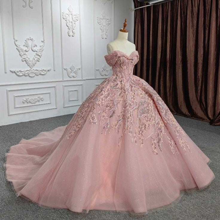 Pink gorgeous shiny exquisite embroidery applique tube top long tulle ball gown evening dress wedding dress gh3163