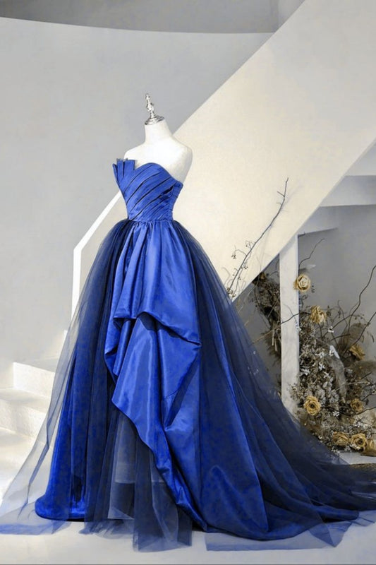 Blue off-the-shoulder A-line satin tulle long party dress prom gown evening gown gh3106