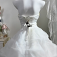 White Halter Long Wedding Dress, Ruched Bodice With Gold Floral Beads, Big Bow Tiered Organza Cake Skirt Bridal Ball Gown gh9269