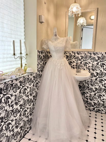 Ivory Puff Sleeve Square Neck Waist-Cinched A-Line Elegant Luxury Romantic Dress, Wedding Gown gh7709