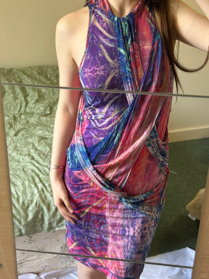Sexy Blue Pink Vintage Pattern Sleeveless Fitted Waist Short Prom & Evening Party Dress gh8471