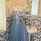 Light Gray Blue Off-Shoulder Waist-Cinched Full Flared Long Romantic Dress, Wedding Gown gh7505