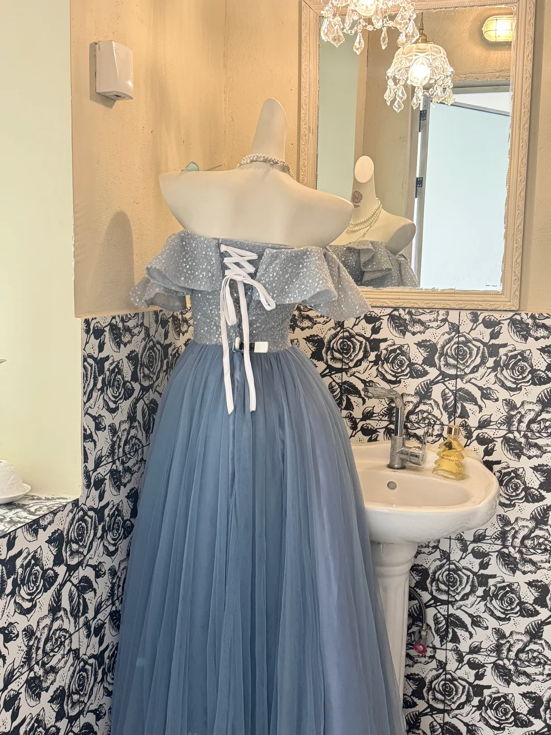 Light Gray Blue Off-Shoulder Waist-Cinched Full Flared Long Romantic Dress, Wedding Gown gh7505