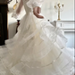 Ivory Vintage High‑Neck Puff‑Sleeve Lace‑Appliqué Tiered‑Tulle Long Train Ballgown Wedding Dress gh8785