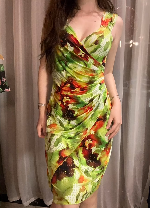Green Sexy Vintage Floral Spaghetti Strap Ruched Fitted Waist Bodycon Prom & Evening Party Dress gh8458
