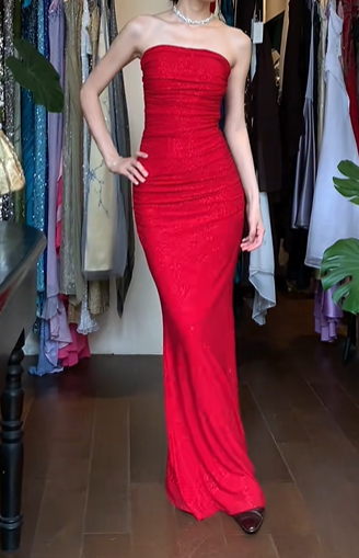Red Vintage Prom Dress Strapless Tube Neck Ruched Bodice Sparkle Bodycon Mermaid Long Evening Gown gh9616