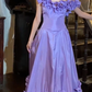 Lavender Off Shoulder Ruffle Satin A Line Long Evening Prom Dress gh9781