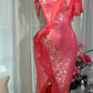 Hot Pink Sequin Spaghetti Strap Mermaid Prom Dress, Irregular Ruffle Slit Evening Gown with Floral Appliques gh9500