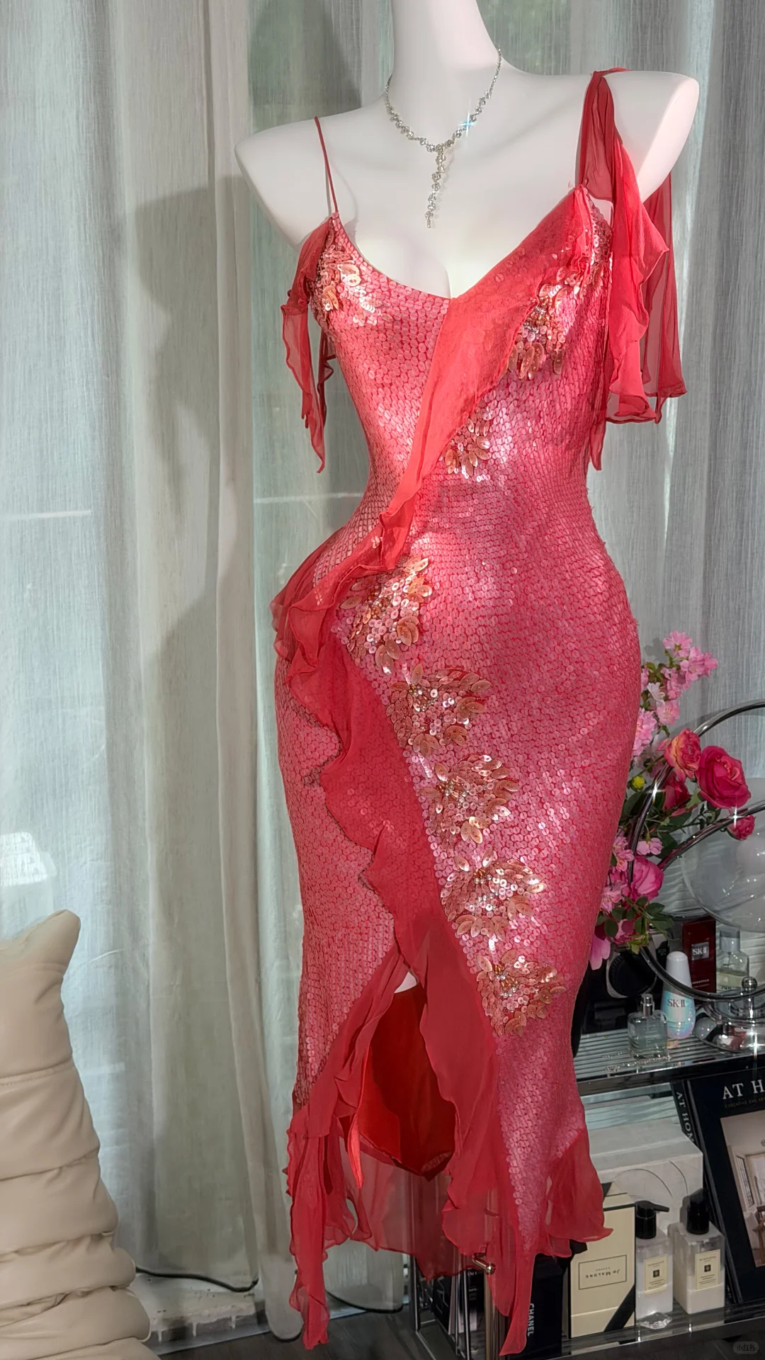 Hot Pink Sequin Spaghetti Strap Mermaid Prom Dress, Irregular Ruffle Slit Evening Gown with Floral Appliques gh9500
