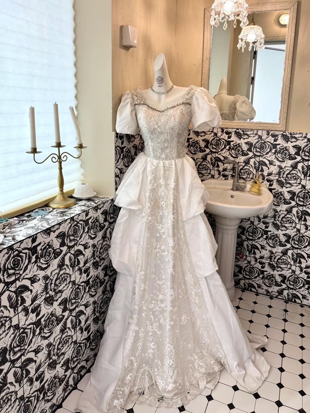White Puff Sleeve Beaded Waist-Cinched Long Vintage Romantic Dress, Wedding Gown gh7501