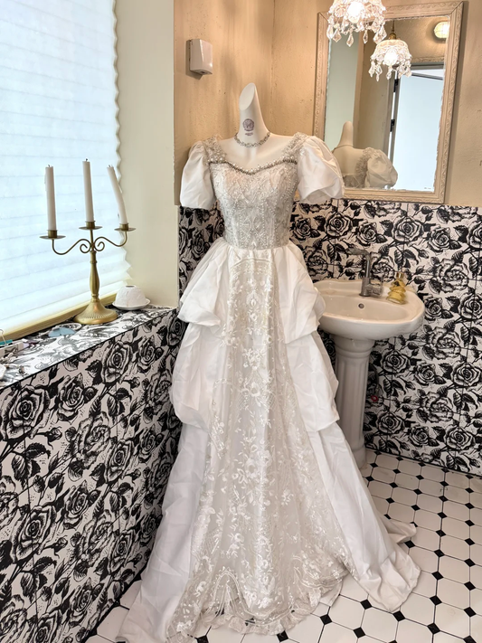 White Puff Sleeve Beaded Waist-Cinched Long Vintage Romantic Dress, Wedding Gown gh7501