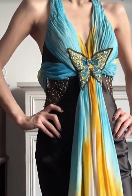 Black‑Satin Halter‑V‑Neck Ombre‑Chiffon Butterfly‑Beaded‑Applique Mermaid Floor‑Length Vintage Evening Prom Gown gh8796