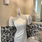 White Puff Sleeve Waist-Cinched Figure-Flattering Bodycon Sexy Long Romantic Dress, Wedding Gown gh7776