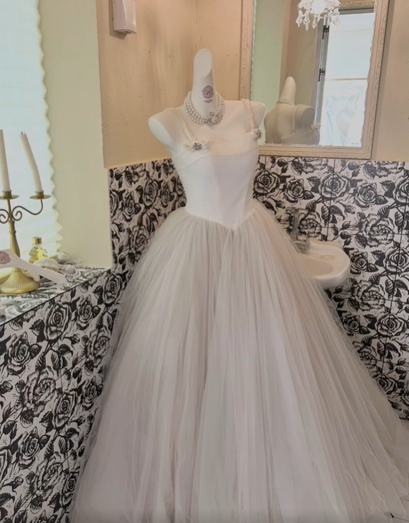 Ivory Spaghetti Straps Cinched Waist Voluminous Full Flared Skirt Long Romantic Dress, Wedding Gown gh7823