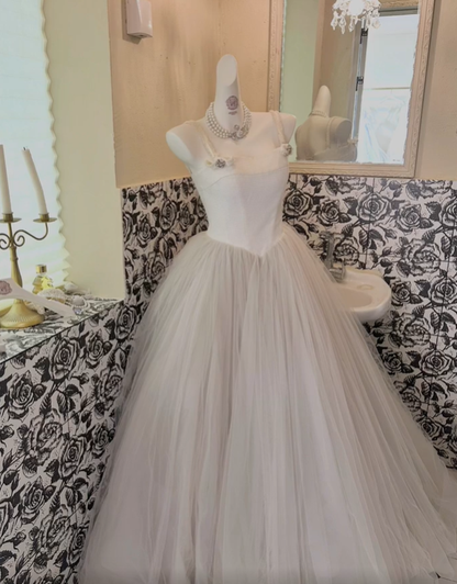 Ivory Spaghetti Straps Cinched Waist Voluminous Full Flared Skirt Long Romantic Dress, Wedding Gown gh7823