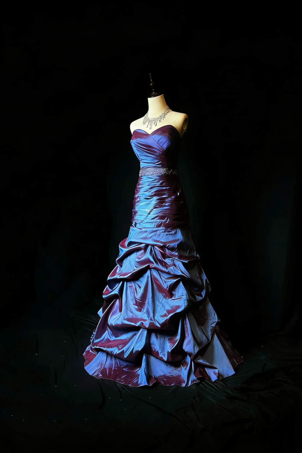 Iridescent Purple-Blue Strapless Ruched Mermaid Gown with Crystal Beaded Waistband gh7097