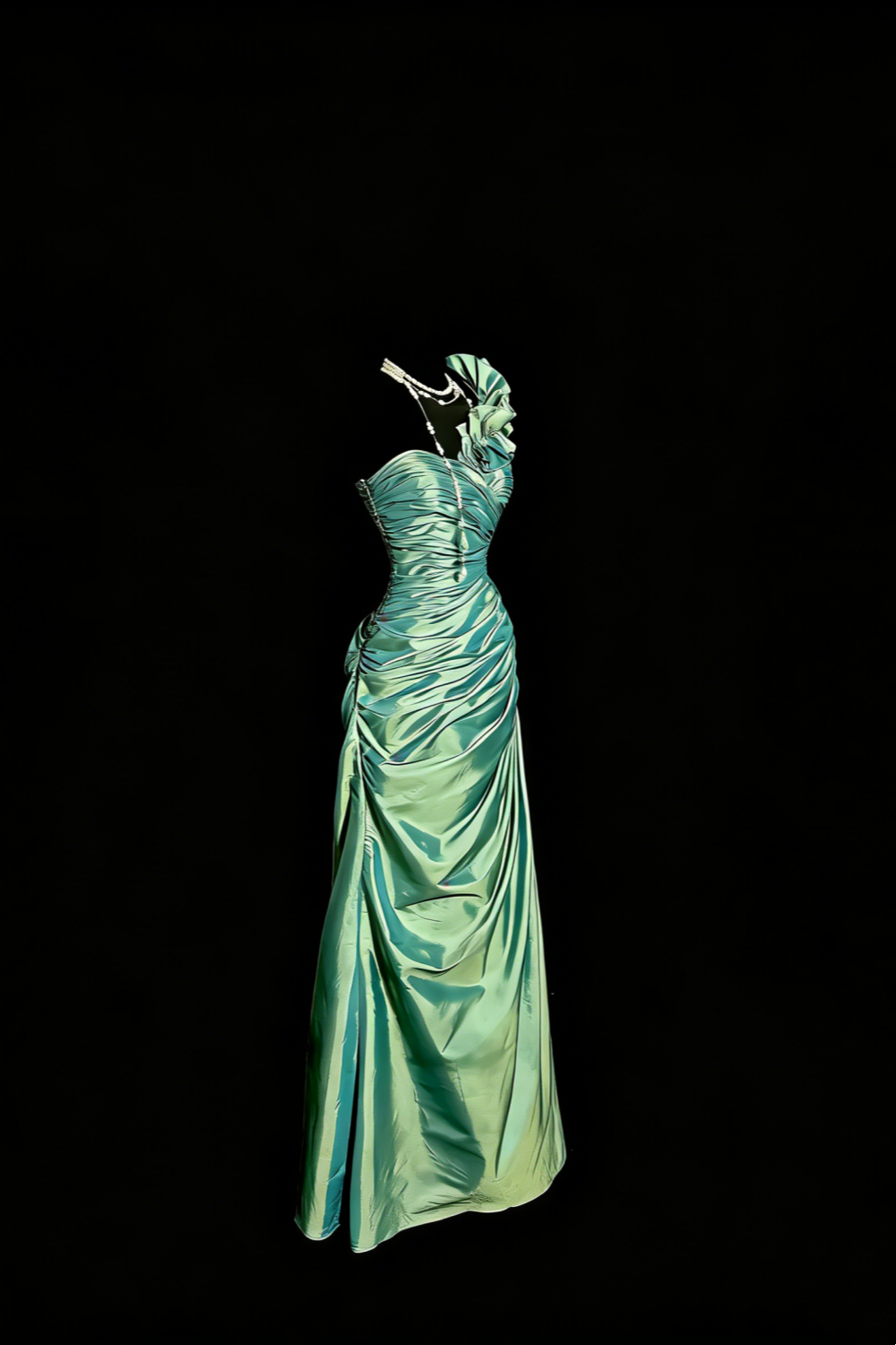 Mint Green One-Shoulder Ruffled Ruched Satin Gown gh7096