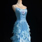 Light Blue Square Neck Prom Dress Spaghetti Straps 3D Petal Tulle Beaded Formal Dress gh9546