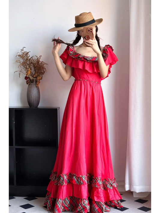 Bright‑Red‑Vintage‑Maxi‑Dress Square‑Neck‑Plaid‑Ruffle‑Sleeves Braided‑Waist‑Belt Full‑Floor‑Length‑Skirt Multi‑Tier‑Plaid‑Ruffle‑Hem Cottage‑Core‑Vacation‑Evening‑Gown gh8852