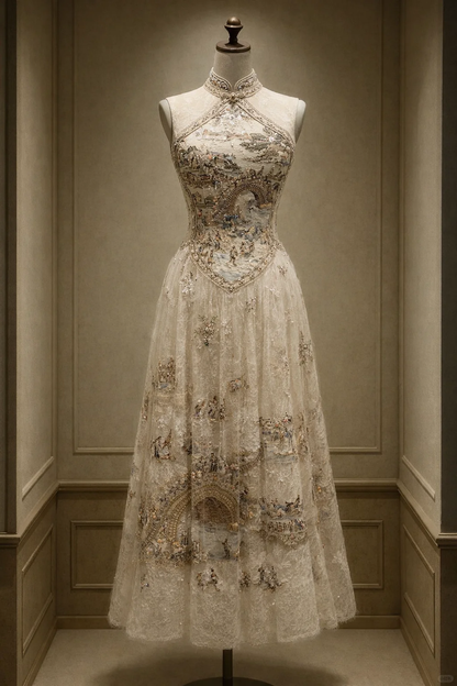 ✨Girlhomeshops-Champagne Sleeveless Qipao Dress with Ancient Riverside Scene Embroidery & Beaded Tulle gh10534