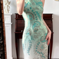 Mint‑Green‑White Ombré Vintage Halter Prom Gown, All‑Over Hand‑Beaded Embroidery, Geometric & Floral Motifs, Fitted Bodycon Mermaid Silhouette, Side High Slit, Evening Prom Dress gh8817