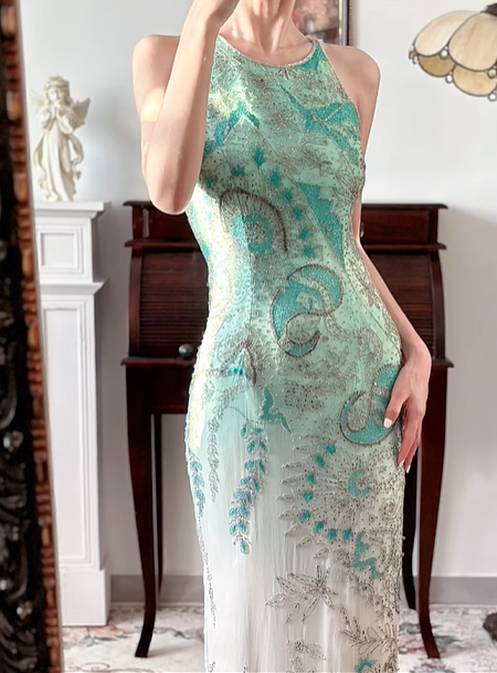Mint‑Green‑White Ombré Vintage Halter Prom Gown, All‑Over Hand‑Beaded Embroidery, Geometric & Floral Motifs, Fitted Bodycon Mermaid Silhouette, Side High Slit, Evening Prom Dress gh8817