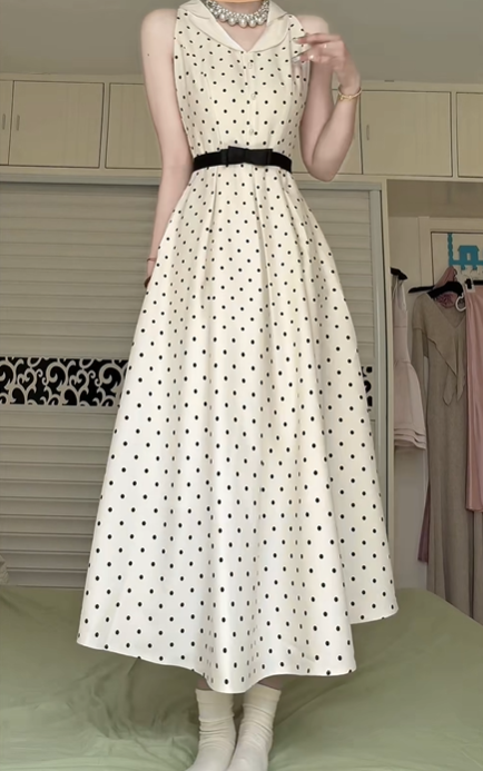 Vintage Cream Polka Dot Halter Sleeveless Midi Evening Gown, Collared V‑Neck With Black Bow Belt A‑Line Formal Prom Dress gh9010